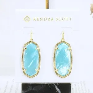 Authentic NWOT Kendra Scott Elle Aqua Blue Drop earring Gold Plated