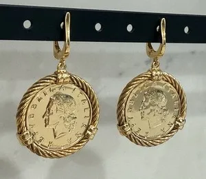 Authentic Vtg Italian 20 Lira Gold Plated Coin Dangle Earring 925 Sterling Silver NWOT