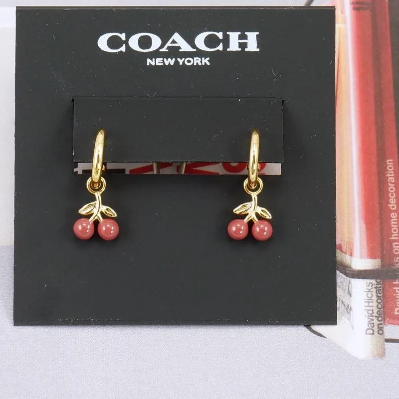 Authentic NWOT Coach Red Enamel Cherry Huggie Earrings Gold Plated