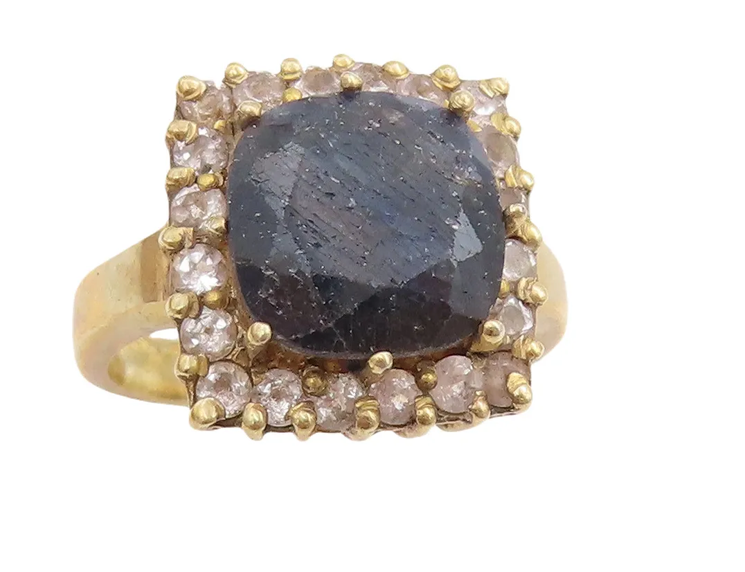 Authentic 925 Sterling Silver Vintage Ring Gold Plated Square Framed Gem & CZ Sz 6 RG30532