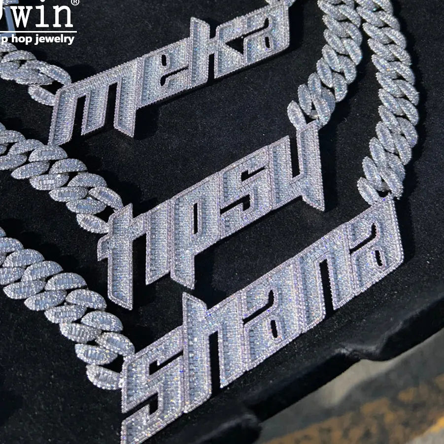 Authentic UWIN Sporty Custom Name Pendant Welded Cuban Chain Necklace Iced Out Pink Framed White Cubic Zircon Hip Hop Jewelry For