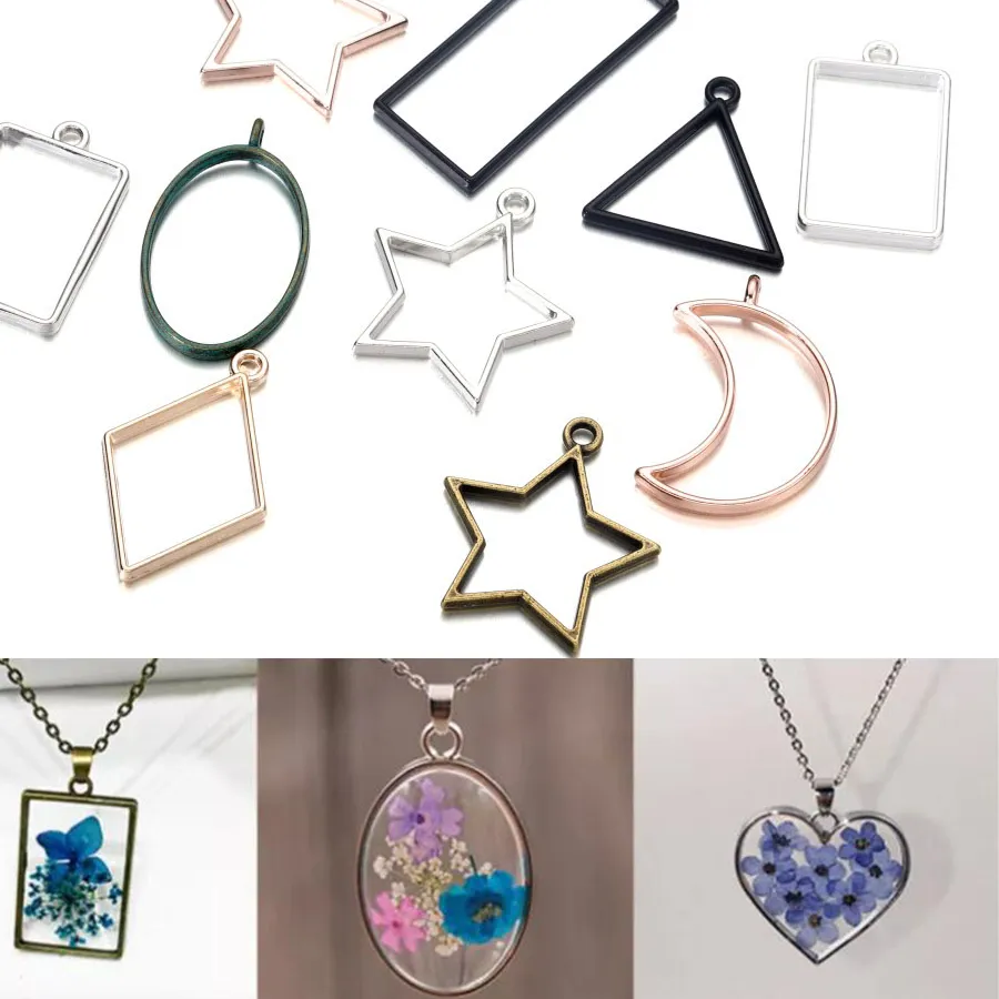 Authentic 14Pcs/Lot Mixed Style Geometric Hollow Metal Frame Pendant for DIY Epoxy Resin Necklace Pendant Jewelry Making Accessories