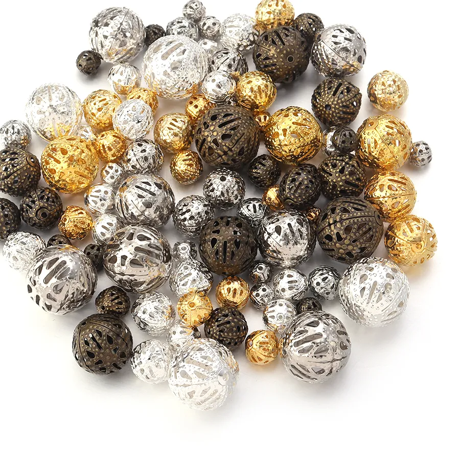 Authentic 50-100pcs 4/6/8/10/12/14mm Hollow Flower Metal Beads Round Loose Spacer Beads for DIY Jewelry Making Charms Bracelet Accessories