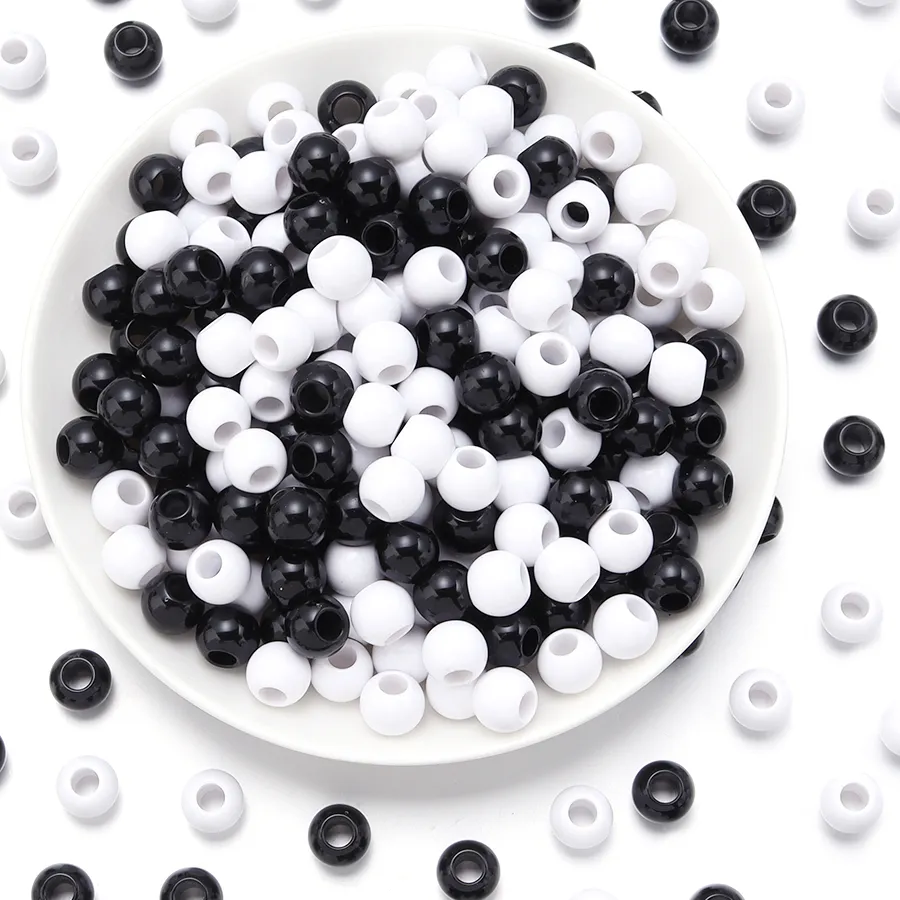 Authentic 50-400pcs 6 8 10 12 14 16mm Black/White Acrylic Beads Round Big Hole Beads Loose Spacer Beads For Jewelry Making DIY Accessories