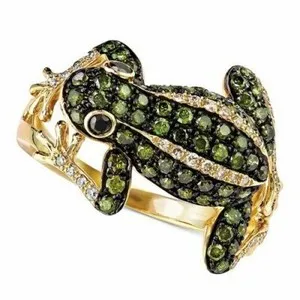Authentic D. Green & CLEAR RHINESTONES Frog 18k Yellow Gold Plated Ring Women  GIFT BOX  6