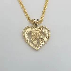 Authentic 14KT GOLD PLATED HEART & ROSE CHARM & 18" 14KT GOLD EP ROPE CHAIN-2075
