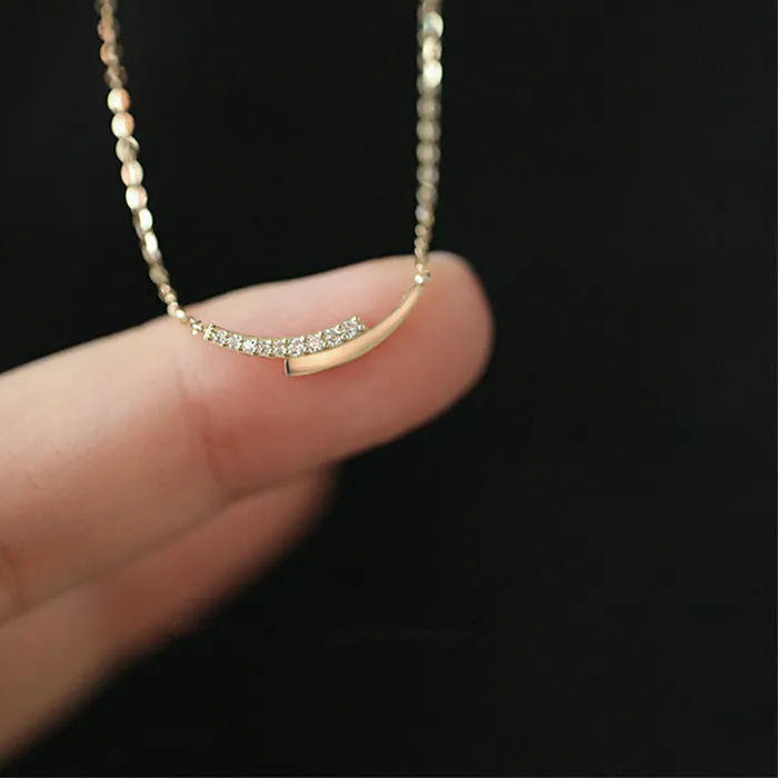 Authentic 925 Sterling Silver 14K Gold Plating Pavé Crystal Intersection Pendant Clavicle Chain Necklace Jewelry Accessories