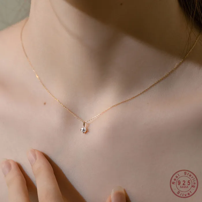 Authentic 925 Sterling Silver Plated 14k Necklace Classic Four-Claw Single Zircon Clavicle Chain for Women Small Exquisite Wedding Jewelry