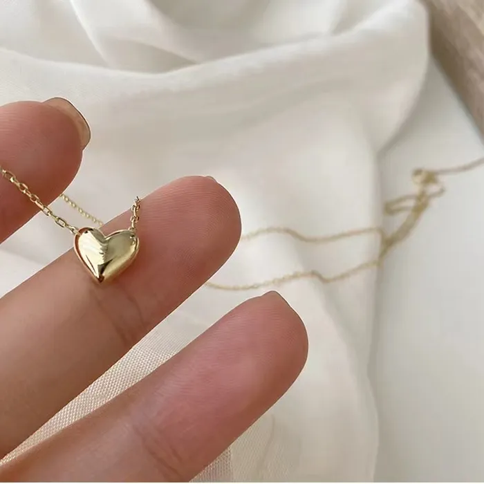 Authentic 925 Sterling Silver Simple Heart Pendant Plated 14K Gold Necklace For Women Temperament Anniversary Fine Jewelry