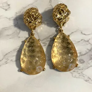 Authentic Zara Gold Plated Large Clear Crystal Resin Hanging Teardrop Textured Earrings