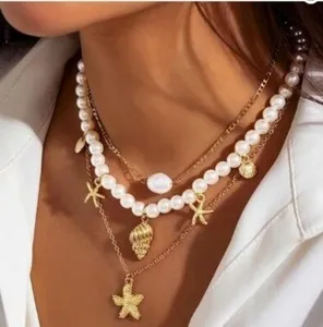Authentic 18K Gold plated new Zara 3 layers pearls shells starfish chain necklace sale