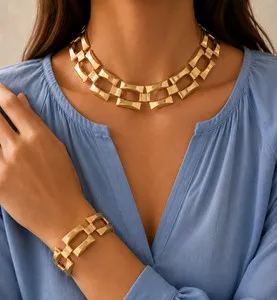Authentic Zara 18K Gold plated chunky big square links necklace & matching bracelet set