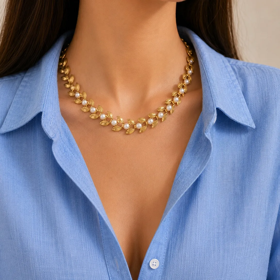 Authentic ZARA 18K Gold plated new delicate necklace chain with links leafs leaves pearls