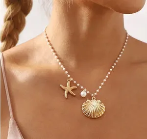 Authentic Zara 18K Gold plated starfish pear scallop shell delicate pearl necklace chain