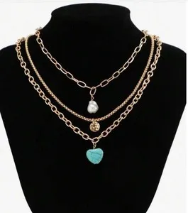 Authentic Zara 18K Gold plated new statement 3 necklace with pearl coin & Turquoise sale