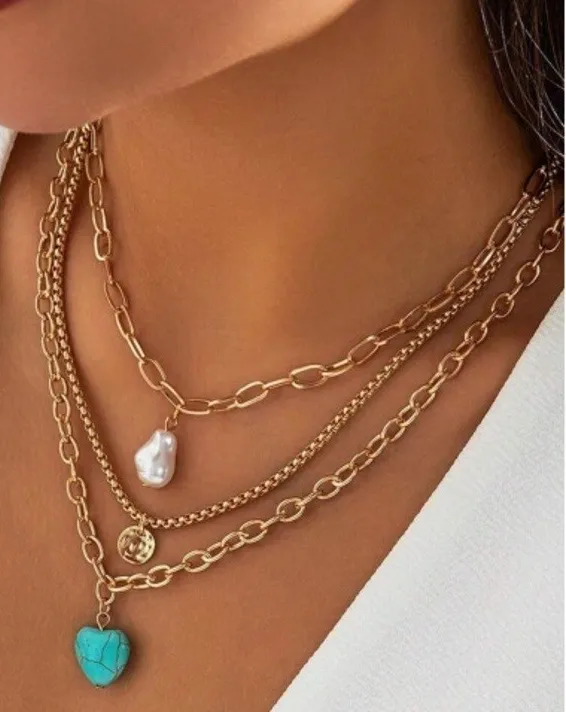 Authentic Zara 18K Gold plated statement 3 necklace with pearl coin & Turquoise sale price