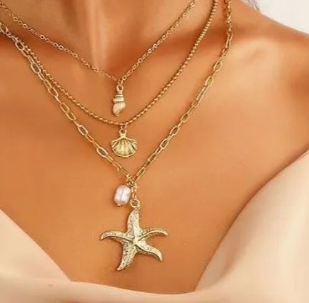 Authentic Zara 18K Gold plated 3 layer necklace chain shell starfish pearl pendant sale