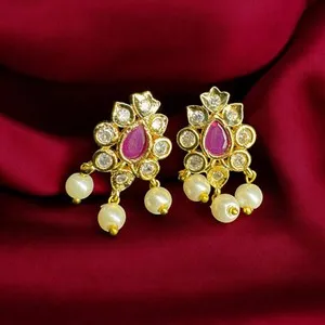 Authentic Exquisite Gold-Plated Floral Earrings with Pink Stones and Elegant Pearl Drops