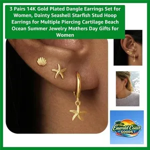 Authentic Exquisite 3-Pair 14K Gold Plated Dangle Earrings Set - Beach-Inspired Elegance