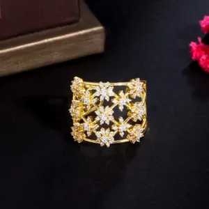 Authentic Blossoming Elegance: Golden Petal Cuff Adorned with Radiant Cubic Zirconia