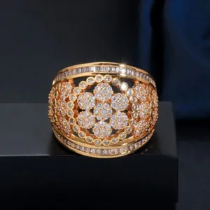 Authentic Exquisite Yellow Gold Plated Flower Wide Finger Ring Women Zircon Bridal Jewelry