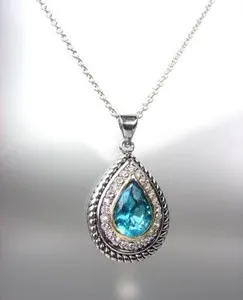 Authentic EXQUISITE 18kt White Gold Plated Cable Aqua Blue CZ Tear Drop Pendant Necklace
