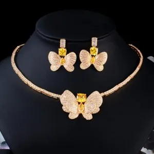 Authentic Exquisite Gold Plated Butterfly Choker Necklace Earrings Wedding CZ Jewelry Set
