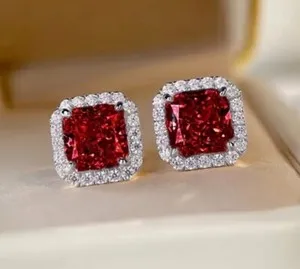 Authentic Exquisite 18k Gold Plated Red Zircons Square Stud Earrings Elegant Valentines