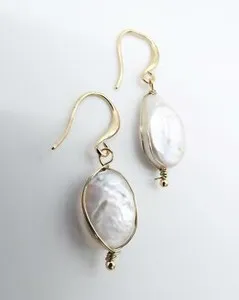 Authentic EXQUISITE 18kt Gold Plated Wire Wrapped Genuine Mother of Pearl Dangle Earrings