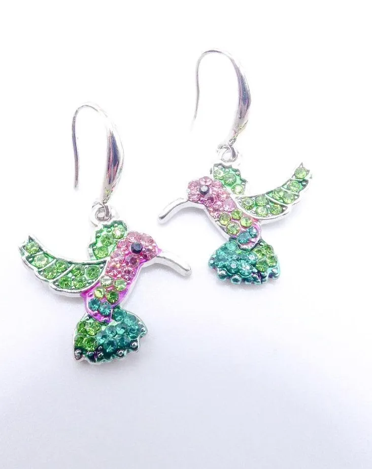 Authentic EXQUISITE 18kt White Gold Plated Multi Crystals Hummingbird Dangle Hook Earrings
