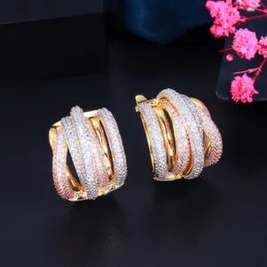 Authentic Exquisite Multi-Tone Gold Plated Hoop Earrings Cubic Zirconia Micro Paved Women