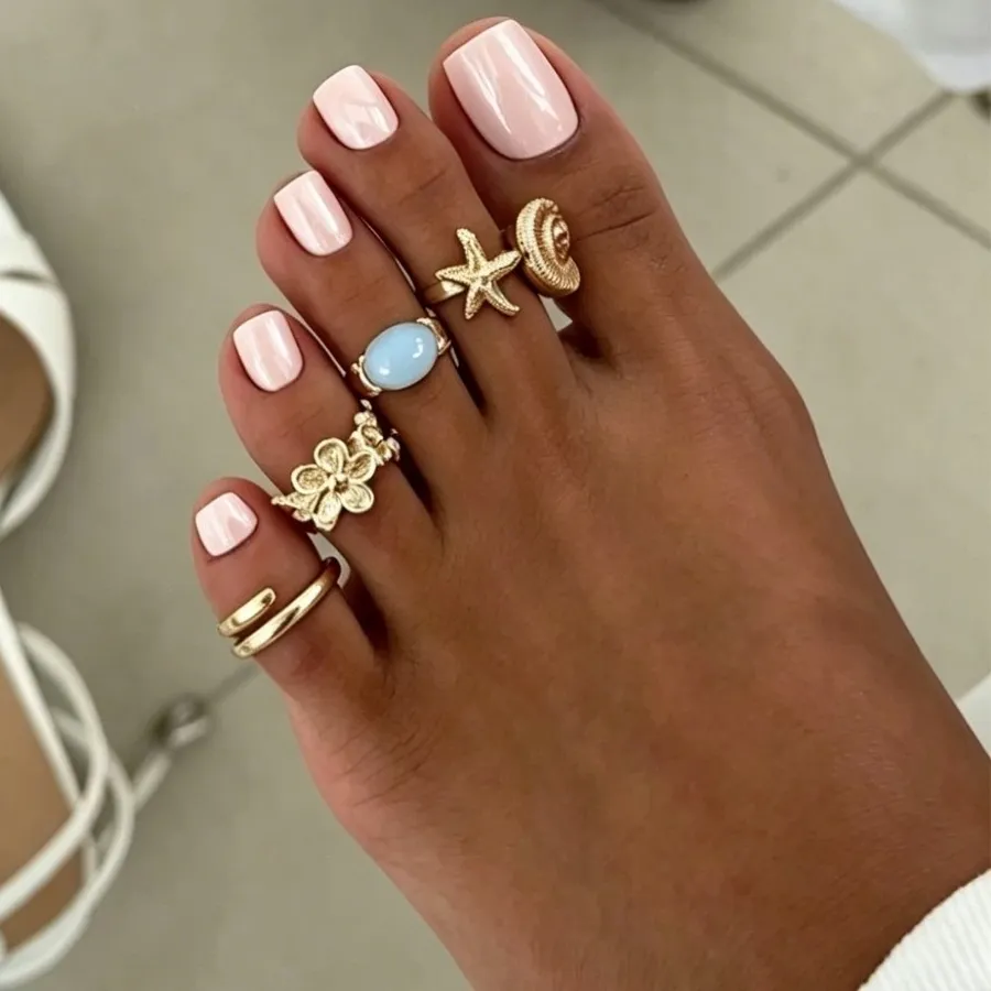 Authentic 4Pcs Ocean Style Toe Ring Gem Inlay Multi Shape Conch Jewelry Stack Match Base Ocean Style Decor Photo Shoot