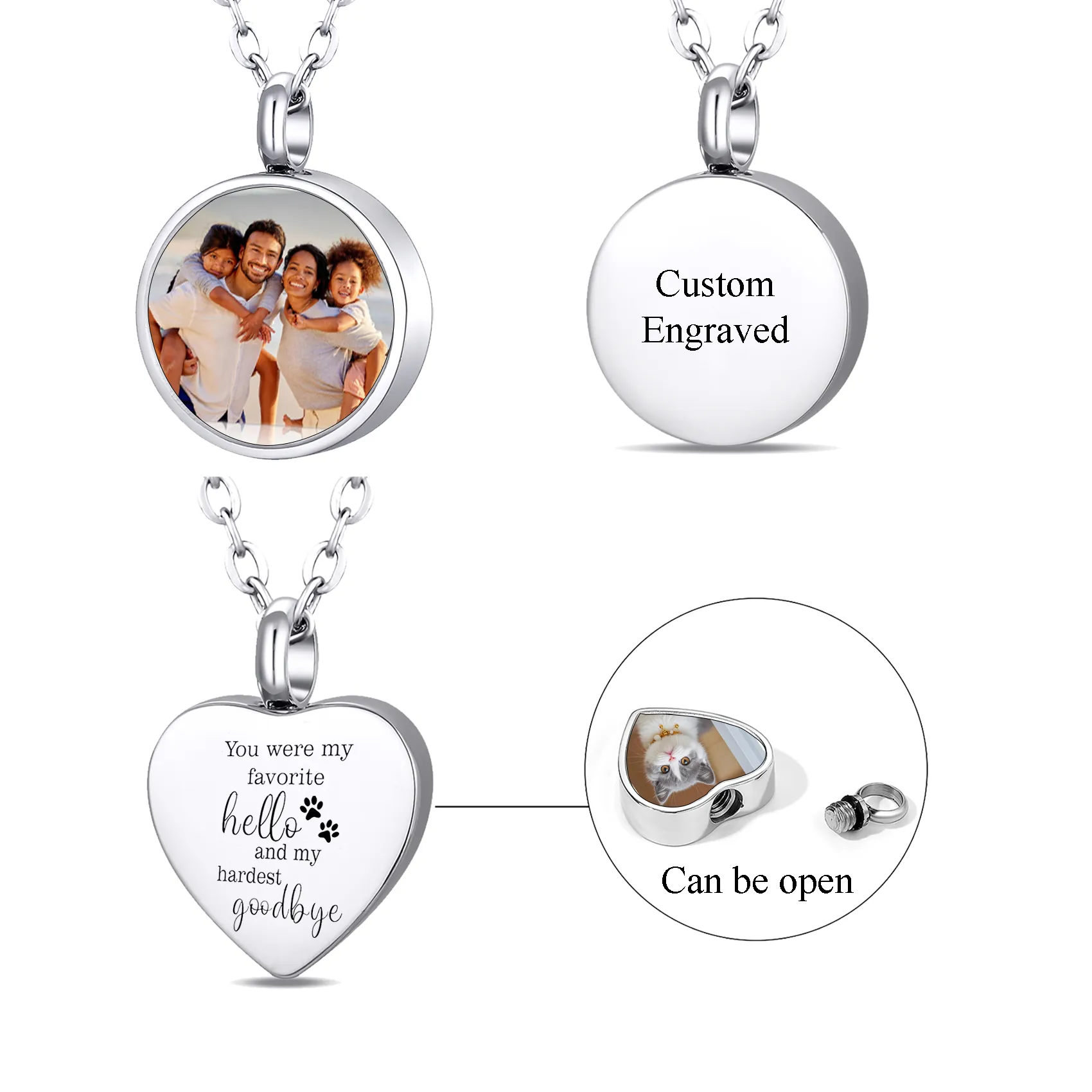 Authentic Personalized Photo & Text Heart Round Pendant Cremation Urn Necklace for Ashes Memorial Keepsake Jewelry