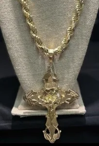 Authentic Sterling Silver Gold Plated Diamond Cut Rope Chain & XXL Jesus cross Pendant.