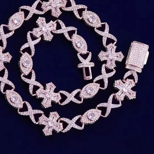Authentic 27 Ctw Round Moissanite Infinity Cross Men's Chain Necklace 14K Rose Gold Plated