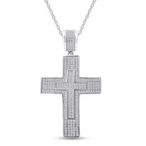 Authentic Micro Pave Simulated Diamond Double Cross Pendant Gold- Plated Sterling Talisman Of Faith And Protection