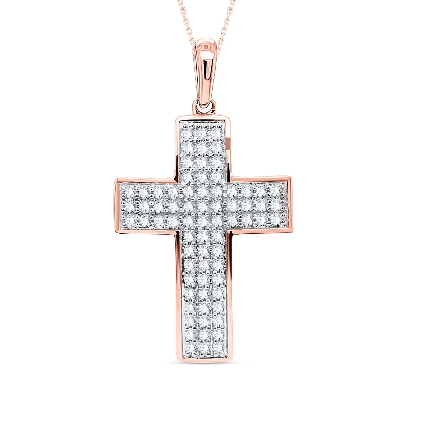 Authentic 0.50 Ct Natural Diamond Three Row Religious Cross Pendant 14K Rose Gold Plated