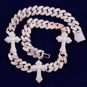 Authentic 31CT Simulated Diamond 14K Rose Gold Plated Miami Cross Cuban Chain Necklace Men