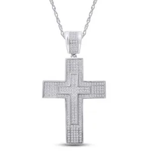 Authentic Round Simulated Diamond Micro Pave Double Cross Pendant Sterling Silver