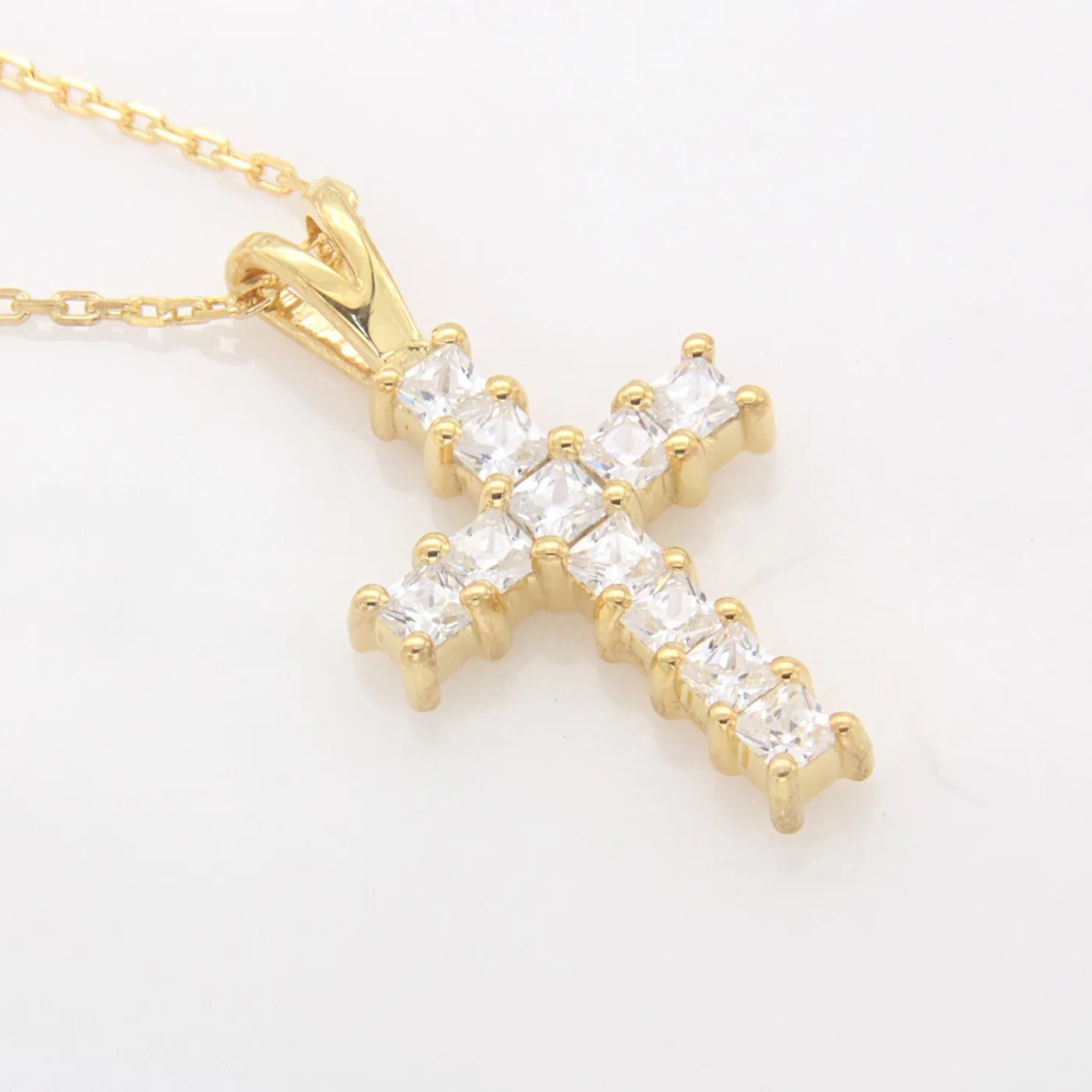 Authentic 2 Ct Princess Cut  Moissanite Womens Cross Pendant Yellow Gold Plated 18" Chain