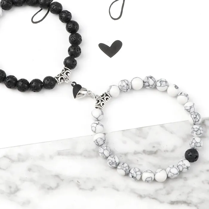 Authentic Yin Yang Heart Magnet Couple Bracelet 2pcs/set 8mm Natural Stone Beads Friendship Paired Bracelets Jewelry for Women Men