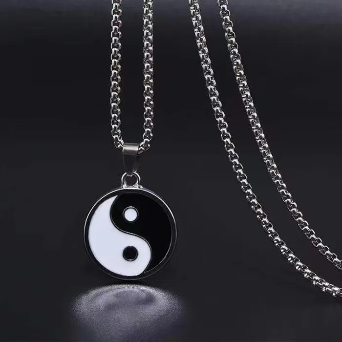 Authentic Punk Hiphop Tai Chi Yin Yang Eight Trigrams Pendant Necklaces for Women 70CM Long Chain Black White Enamel Collar Friend
