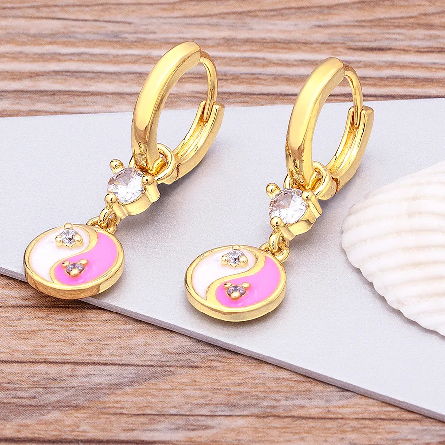 Authentic Arrival Dripping Oil Enamel Tai Chi Yin Yang Bagua Pendant Charm Drop Earrings Never Fade Zircon Accessories Jewelry Gifts