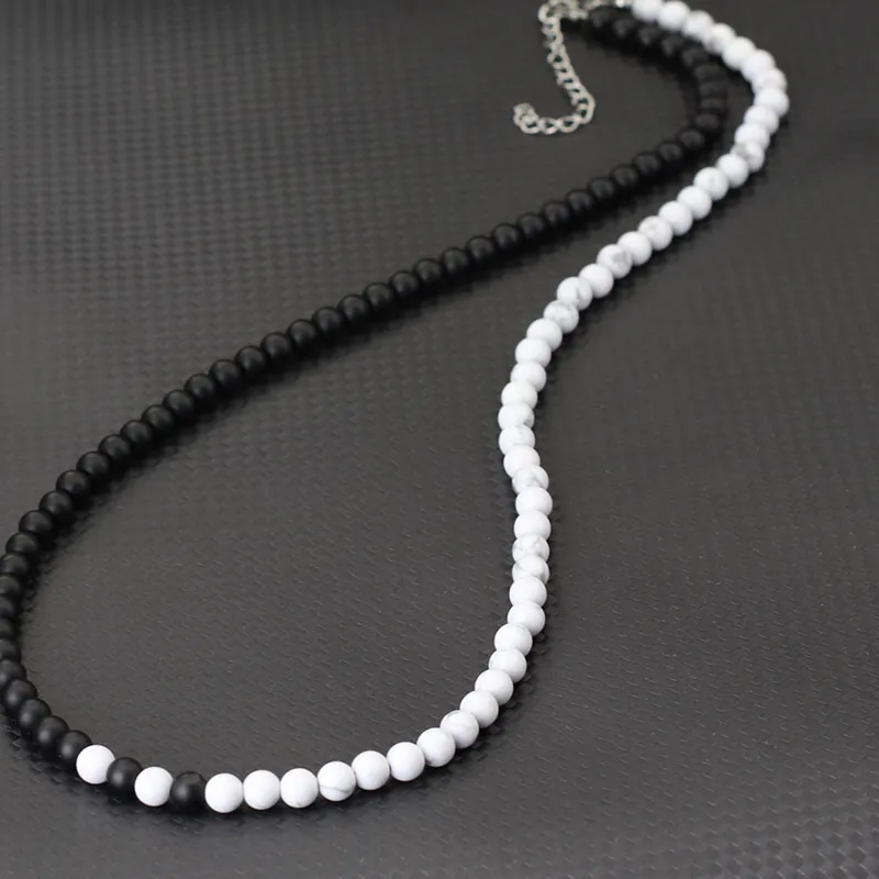 Authentic Stylish 6mm Stone Healing Necklace For Men 24 Inches Long Collar Buckle Black White Yin Yang Bicolor Colar