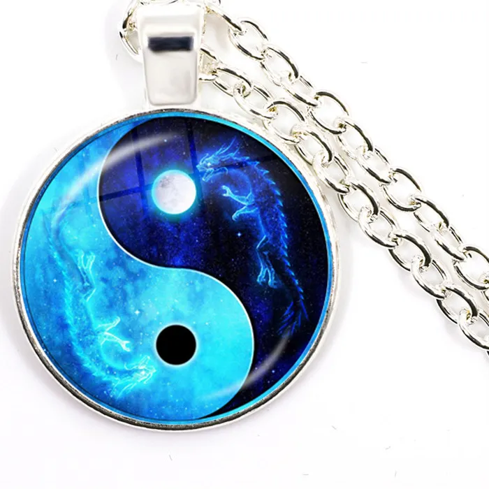 Authentic Yin Yang Necklace Tai Chi Time Stone Cabochon Glass Pendant Chain Dragon Moon Yin Yang Necklaces Jewelry