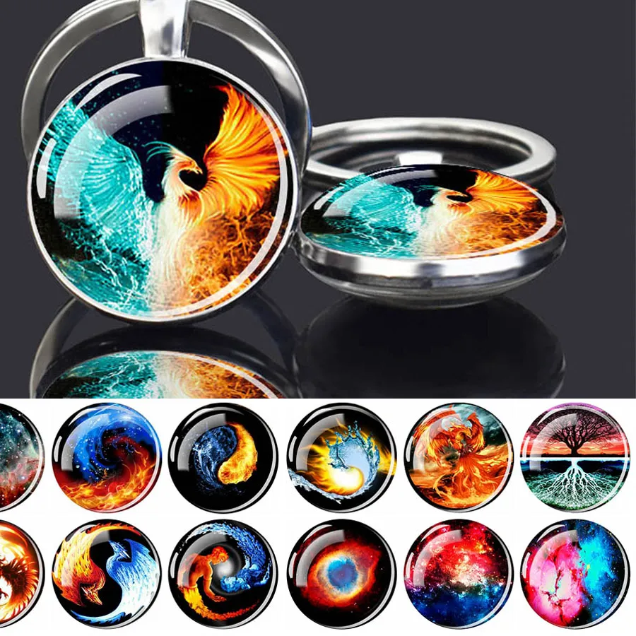 Authentic Ice Fire Phoenix Yin Yang Aurora Keychains Double Sided Glass Dome Pendant Key Chain Cool Jewelry Keyring