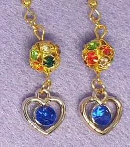 Authentic Gold Plated∞Multicoloured Shamballa Bead and Heart Charm Earrings∞10 Colours