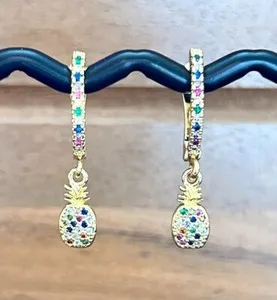 Authentic GOLD PLATED MULTICOLOURED PAVE HUGGIE STYLE EARRINGS WITH PINEAPPLE CHARM SUMMER
