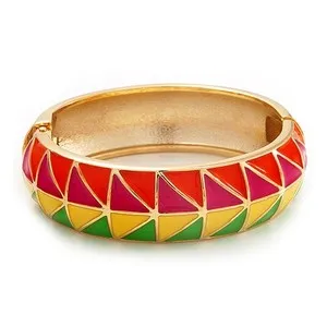 Authentic Multicoloured Enamel Oval Hinged Bangle Bracelet In Gold Plated Metal - 18cm