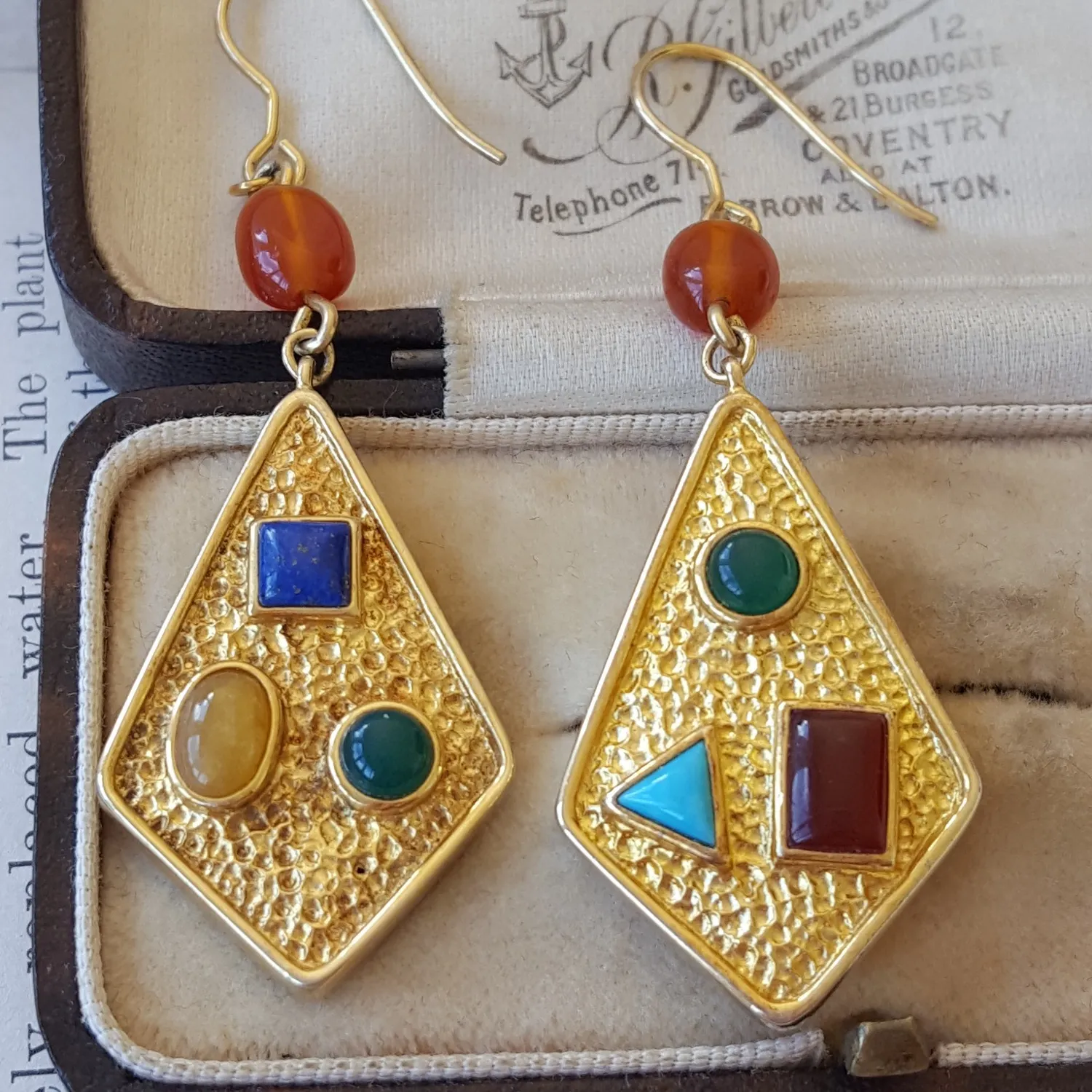 Authentic 925 Sterling Silver Earrings, Multi Gems, Gold Plated, Party, Multicoloured